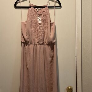 Wayf Blush Pink Lace-Up Midi Dress with Crochet Panel